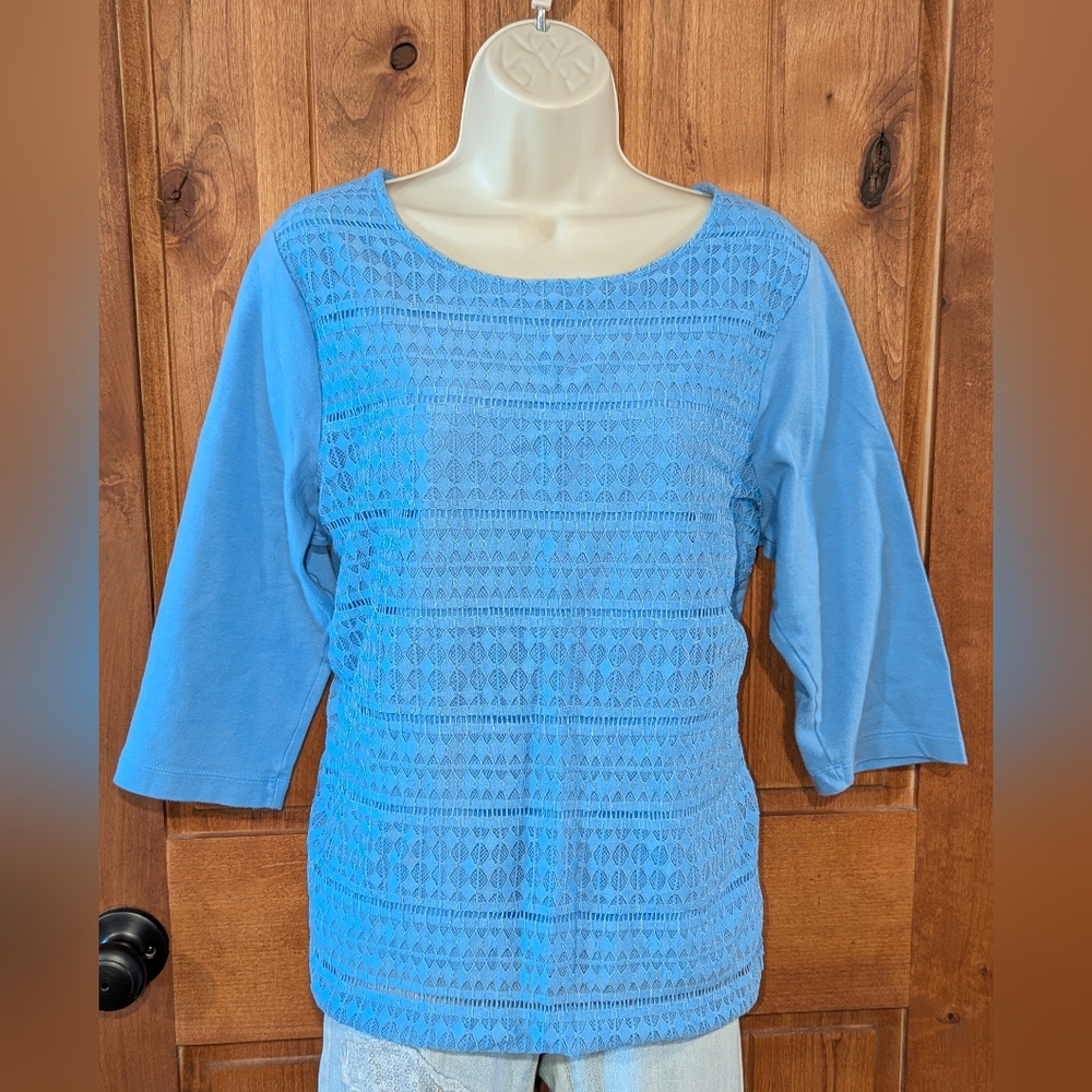 Croft & Barrow Light Blue Lace 3/4 Sleeve Top‎